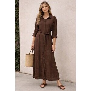 CP Shades Bohemian Minimalist Brown 100% Cotton Maxi Dress Belted Size Large